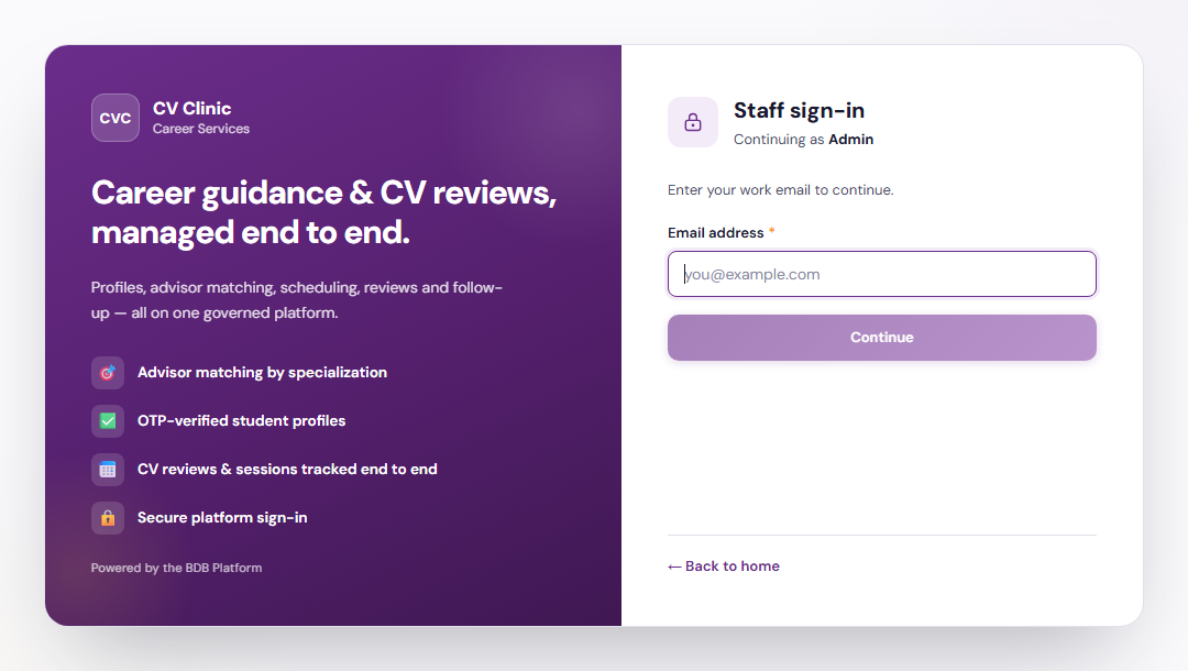 Admin staff sign-in screen